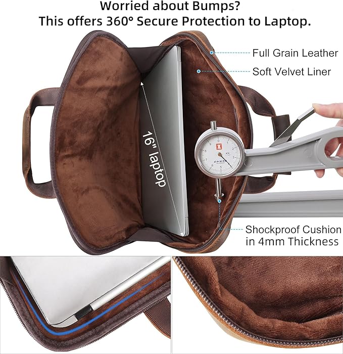 Masa Kawa Leather Laptop Briefcase for Men Fits 15.6" Computer Slim Crossbody Shoulder Messenger Bag Attache Case for Business Work, Vintage Brown