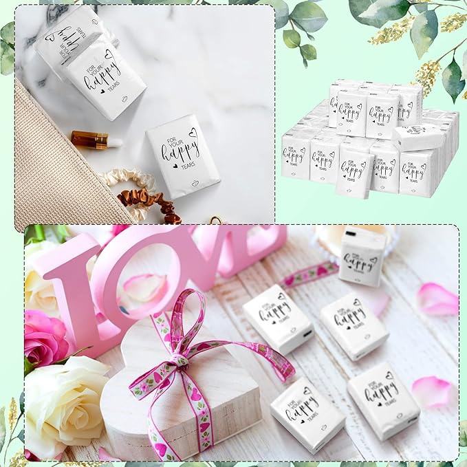 Spiareal 50 Pcs Happy Tears Tissues for Wedding Bulk 3 Ply for Your Happy Tears Wedding Tissues for Guests Pocket Paper Mini Travel Size for Party Favor Graduation