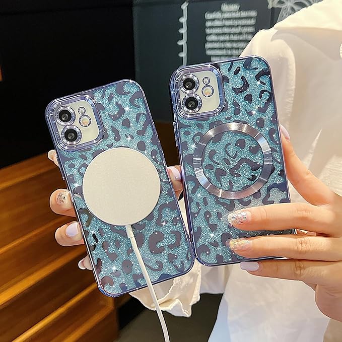 for iPhone 11 Case Magnetic,Soft Cute Luxury Leopard Cheetah Pattern Plating Glitter Bling Phone Case Compatible with MagSafe Clear Shockproof Back Cover for Women Girl 6.1"-Blue