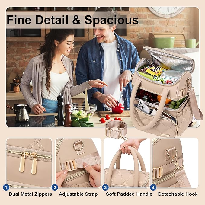Weitars Lunch Bag for Women Men,Double Deck Lunch Box for Women,Quilted Lunch Tote for Work,Insulated Lunch Cooler Leakproof Lunchbox for Adult with Shoulder Strap &Pockets for Picnic Hiking (Khaki)