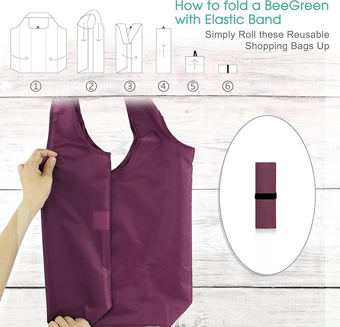 BeeGreen Burgundy Reusable Grocery Bags with Elastic Band Reusable Shopping Bags Bulk 50LBS X-Large Foldable-Machine Washable-Heavy Duty 20 Pieces Wine Red