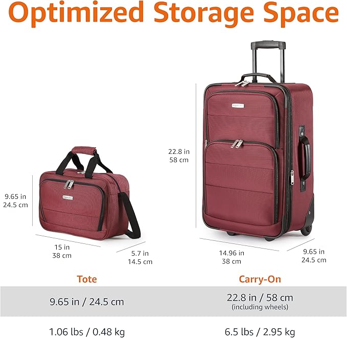 Amazon Basics Luggage Sets, Carry-On 23-Inch, tote 15-Inch, Suitcase With Wheels, Expandable Extra Space (+15%), Front Pockets and Telescopic Handle, Burgundy