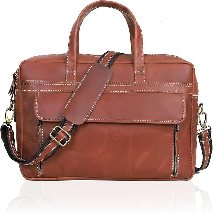 HLC 18 Inch Full Grain Leather Briefcase messenger shoulder bags for men and women