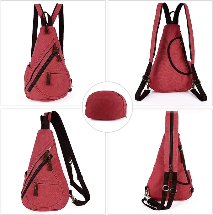 HuxFam Sling Bag for Women Men Crossbody Backpack Canvas Convertible Chest Bags Outdoor Travel Hiking Cycling Shoulder Daypack,Red