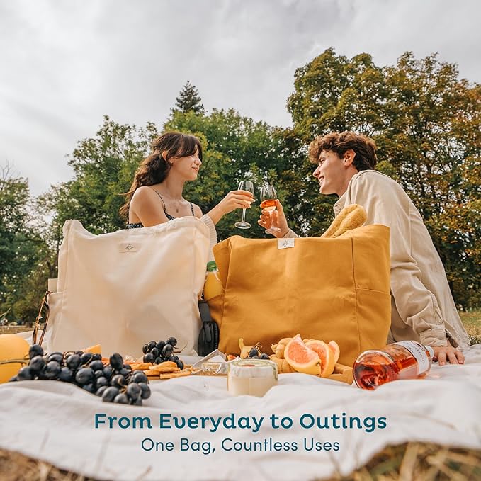 Nook Theory 3 Pcs Reusable Grocery Bags - Heavy Duty Canvas Bags, Large Reusable Shopping Bag, Picnic, 100% Cotton (Cream)