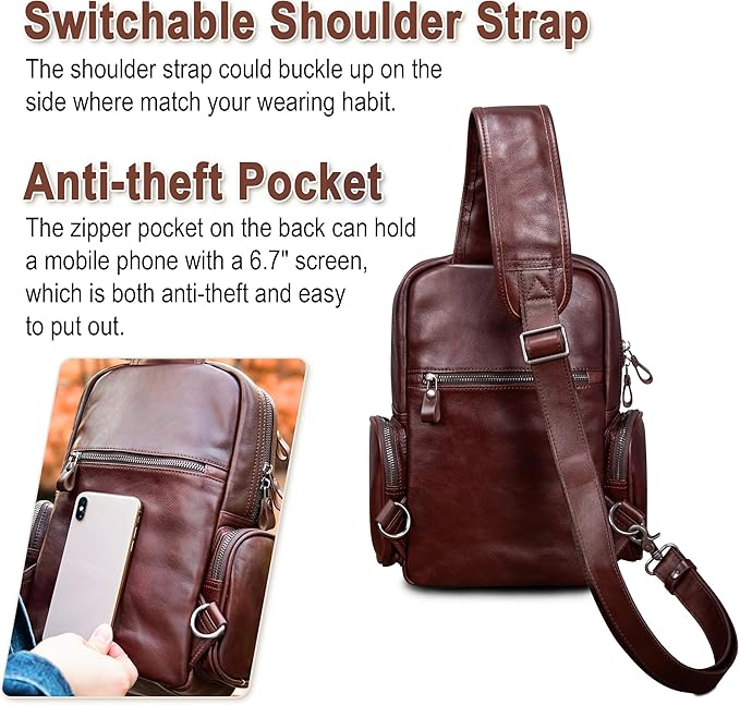 Genuine Leather Sling Bag for Men Large Crossbody Shoulder Bag Casual Sling Backpack Anti-Theft Travel Chest Purse