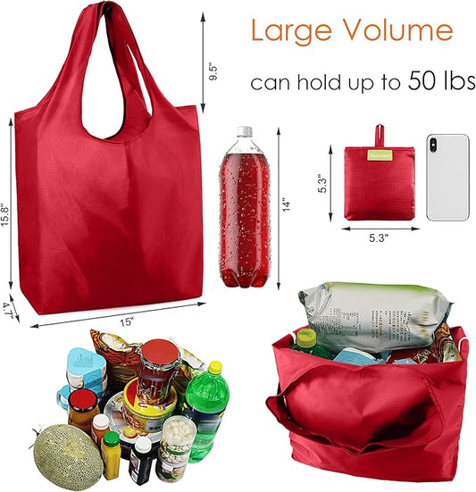 BeeGreen Christmas Red Reusable Grocery Bags Shopping Bags Bulk 10 Packs 50LBS X-Large Foldable-Machine Washable-Heavy Duty