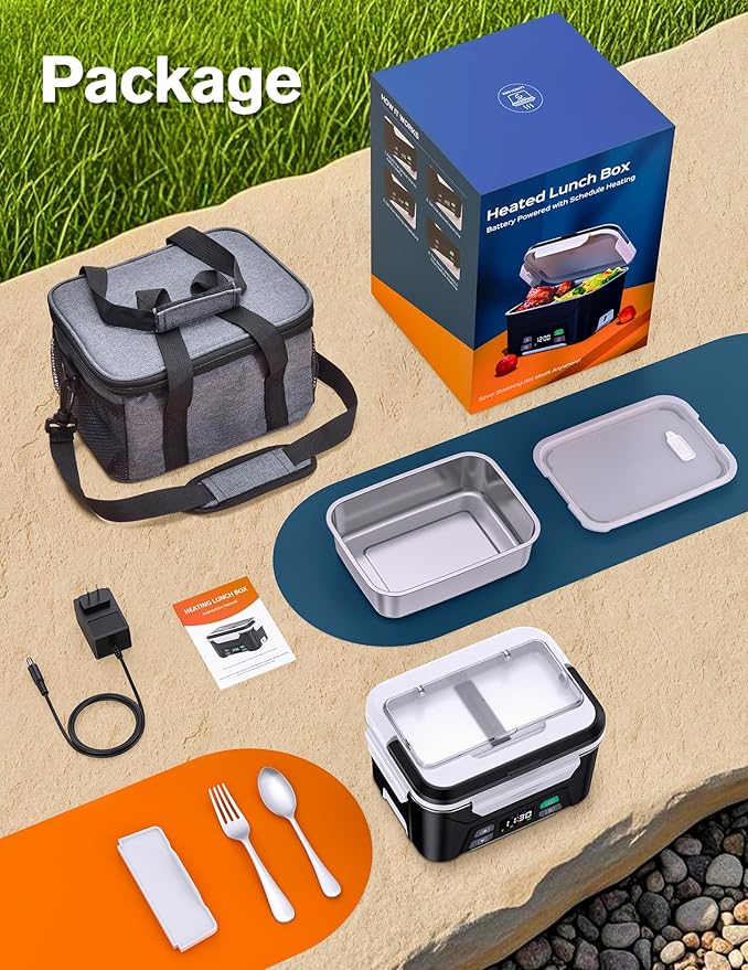 EAST OAK Cordless Electric Lunch Box for Adults, Heated Lunch Box Battery Powered with Automatic Heating, 5.5 Cups Portable Food Warmer with Removable Tray Divider