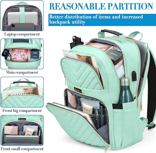 Backpack for Men Women, School Backpack for Boys Girls, 15.6 Inch Quilted Laptop Backpack with USB Charging Port, Large High School Bookbags for Teens, Teal