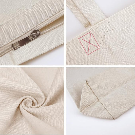 Koolmox Canvas Tote Bags with Zipper, 6-Pack 17x14'' Cotton Tote Bag with Flat Bottom, Reusable Washable Grocery Shopping Bags Plain Totes for Women DIY Art Crafts Painting Embroidery Decoration