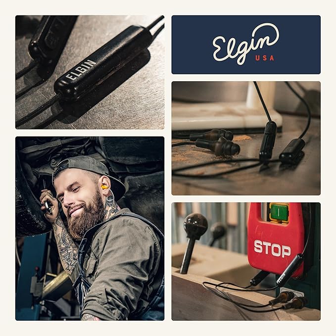 Elgin Ruckus Wireless Bluetooth Earplug Headphones, 25 dB Noise Reduction Ear Plug Earbuds, Noise Cancelling Mic, 12 Hour Battery, IP65 sweatproof, OSHA Compliant Hearing Protection, Work Safety