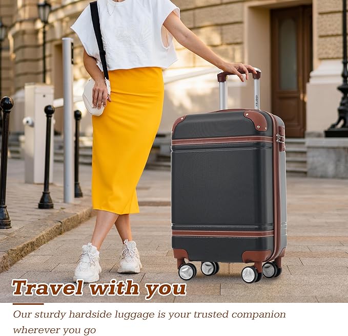 Merax Suitcase Set 24 inches Expandable Luggage with TSA Lock Spinner Wheels Hardshell Lightweight Vintage Luggage with Travel Bag,Black