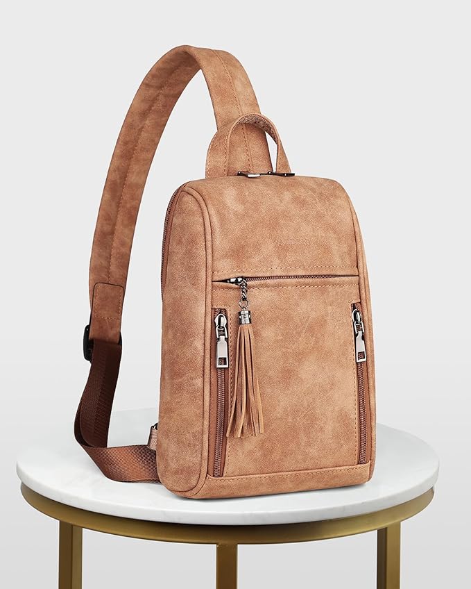 FADEON Sling Bag for Women, Crossbody Purse with Tassels, Designer Leather Shoulder Chest Bags for Travel