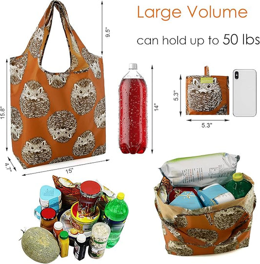 BeeGreen Animal Lover Reusable Grocery Bags | Foldable Tote Bags with Handles, Reusable Gift Bulk 6 Set for Women, Heavy Duty Washable Polyester Travel & Shopping Basket.