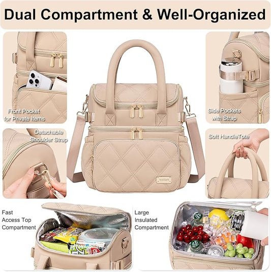Weitars Lunch Bag for Women Men,Double Deck Lunch Box for Women,Quilted Lunch Tote for Work,Insulated Lunch Cooler Leakproof Lunchbox for Adult with Shoulder Strap &Pockets for Picnic Hiking (Khaki)