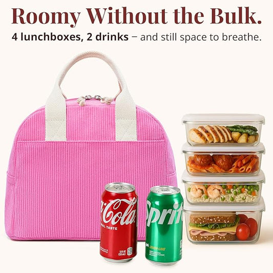 Insulated Vintage Pink Lunch Bag for Women, Stylish Corduroy Tote with Aluminum Lining, Large Capacity Reusable Cooler for Work, Travel, or Beach, Beige Cream Water-Resistant Lunch Box