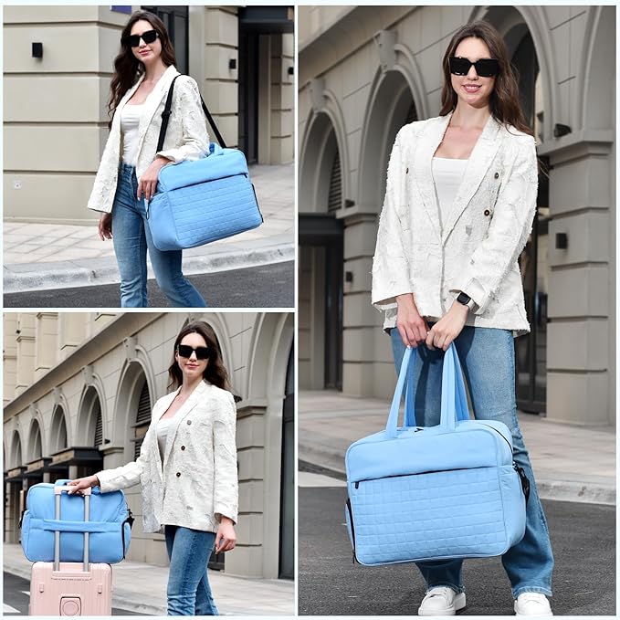 Felipe Varela Large Puffy Tote Bag, Gym Bags for Women with Shoe Compartment, Weekender Overnight Lightweight Carry on Puffer Duffle Bag for Travel (Blue,36L)