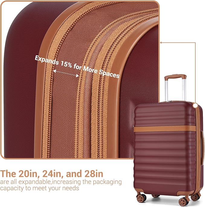 Kono Expandable 28 Inch Large Checked Luggage: ABS+PC Hardside Trolley Travel Case - Hard Shell Suitcase with TSA Lock, Burgundy