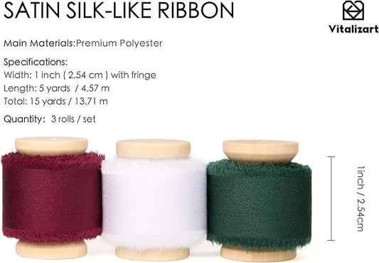 Vitalizart Silk Satin Ribbon 1 inch x 15 Yard Christmas Handmade Frayed Ribbons for Gift Wrapping Baby Shower Wedding Bridal Bouquets Holiday Decor Green Red White