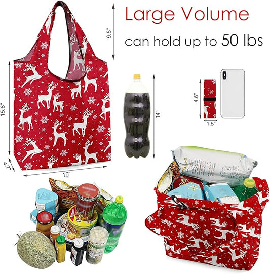 BeeGreen Christmas Reusable Grocery Bags with Zipper Storage Pouch 10 Pack Reusable Shopping Bags Bulk with Elastic Band Foldable-Machine Washable Christmas Gifts Tote Bags