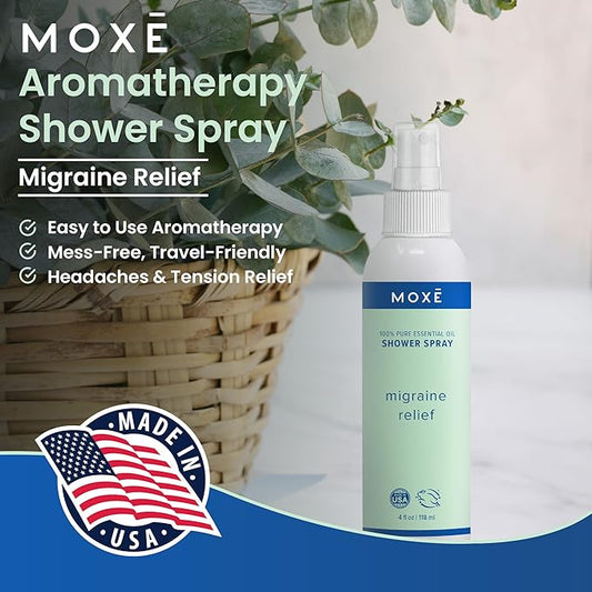 MOXE Migraine Relief Aromatherapy Shower Spray, Essential Oils for Headaches & Tension Relief, Natural 100% Essential Oils, Pure & Undiluted, Peppermint, Spearmint, Eucalyptus, Tea Tree, Made in USA …