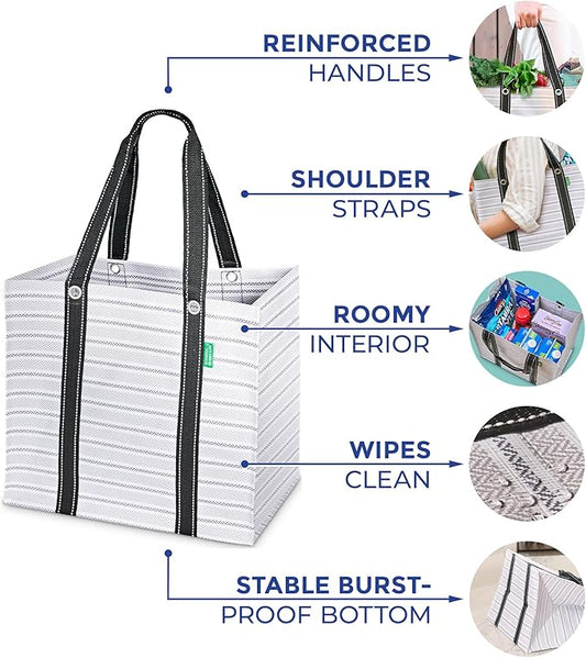 Creative Green Life 3 Pack Heavy Duty Reusable Grocery Bags with Hard Bottom & Strong Handles – Foldable, Durable, Easy to clean, Water-Resistant & Multi-Purpose (Gray Stripes)