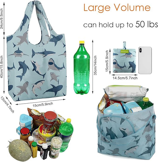 BeeGreen Reusable Grocery Bags for Groceries | Foldable Tote Bags with Handles Reusable Gift 6 Set - Heavy Duty Washable Polyester Travel and Shopping Basket - Bulk Bag for Women Animal Lovers