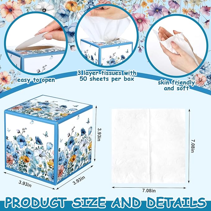 12 Pack Floral Facial Tissues Cube Boxes 600 Sheets 3 Ply Small Square Wildflowers Face Tissues Bulk for Summer Fall Car Bedroom Supplies