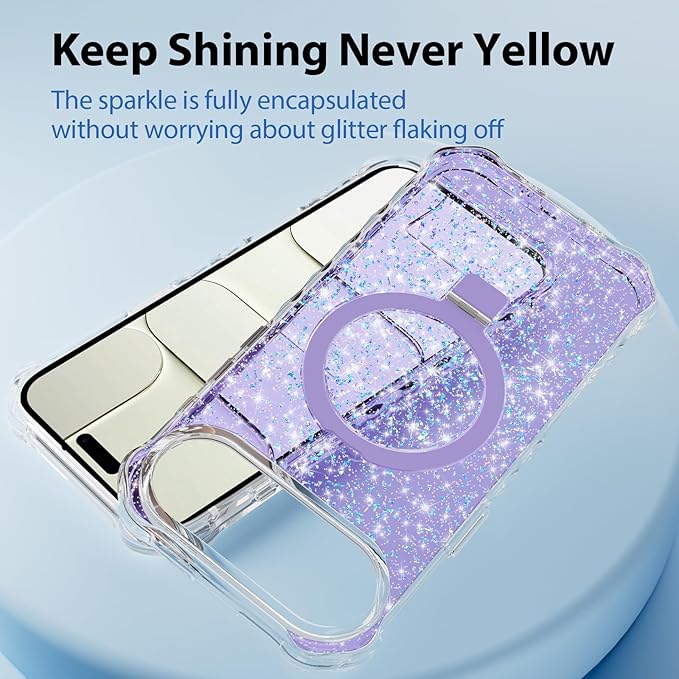 Magnetic for iPhone Air Case with Invisible Stand, Compatible with MagSafe, Clear Bling Sparkle Shockproof Slim Anti-Slip Military Drop Protection Hard Phone Case 6.5" Glitter Purple