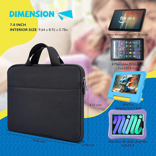 7-8 Inch Tablet Sleeve Carrying Case for Fire 7 Kids, Fire HD 8 Kids/Kids Pro, Fire HD 8 Tablet /8 Plus Tablet 2024-2022, All Versions of Fire 8/7 Kids Edition, iPad Mini 7/6/5/4 Tablet Bag, Black