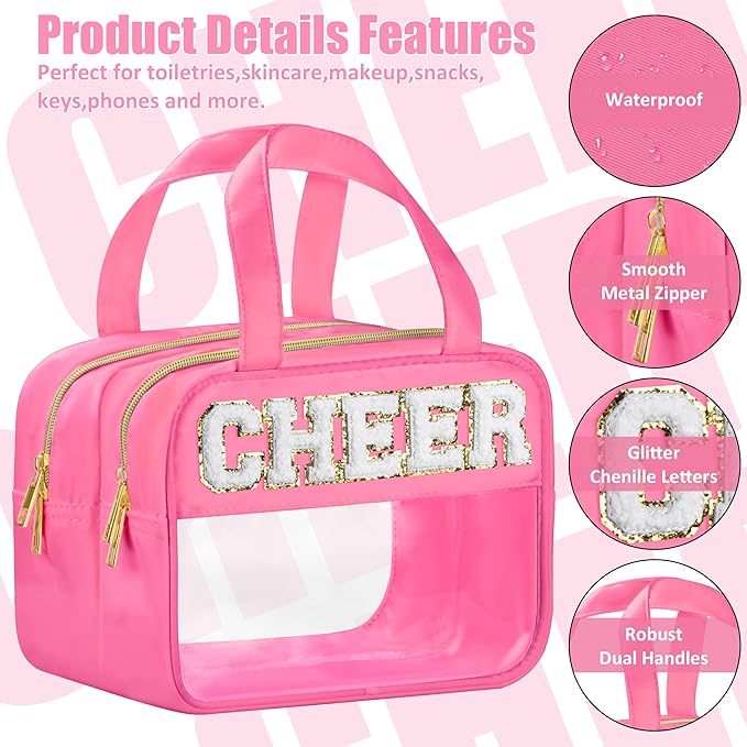 Cheer Chenille Letter Bags Clear Makeup Bag for Travel, Cheerleader Gifts Cosmetic Bag with Handles and Zipper, Nylon & PVC Waterproof Large Cheer Accessories Toiletry Bag for Women