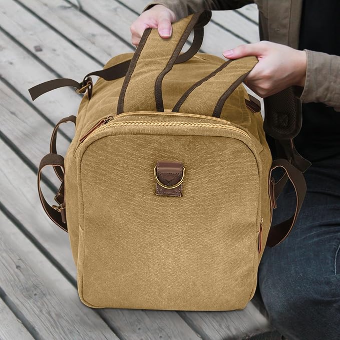 60L Duffle Bag for Men, Nomad Waxed Canvas Travel Duffel Bag Vintage Genuine Leather Travel Handbag Upgraded Weekender Overnight Backpack with Shoes Compartment (Khaki, X Large-60L)