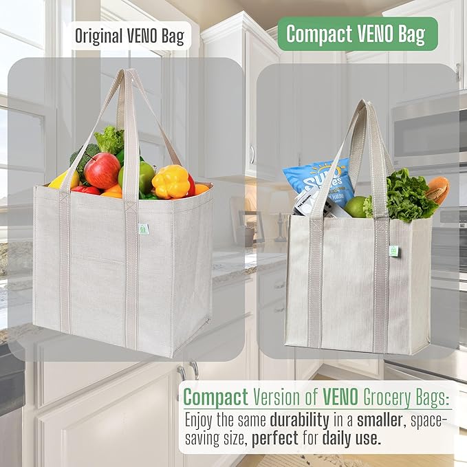 VENO 2-4 Pack Reusable Grocery shopping Bags, Small Tote Bag w/Handle Hard Bottom, Heavy Duty, Foldable Carrier