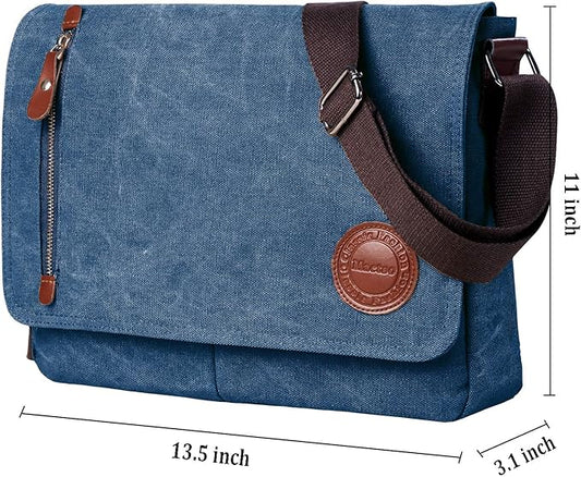 Vintage Canvas Satchel Messenger Bag for Men Women,Travel Shoulder bag 13.5" Laptop Bags Bookbag (Blue)