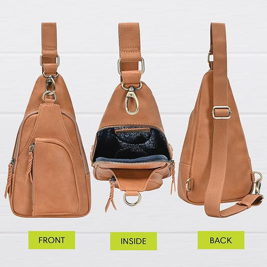 Antik Kraft Tasha Crossbody Sling (Camel) | Vegan Leather Crossbody Bag for Women with 16-20" Strap | Sling Bags for Women with Durable Antique Brass Hardware | 7in x 2.5in x 12.5in |