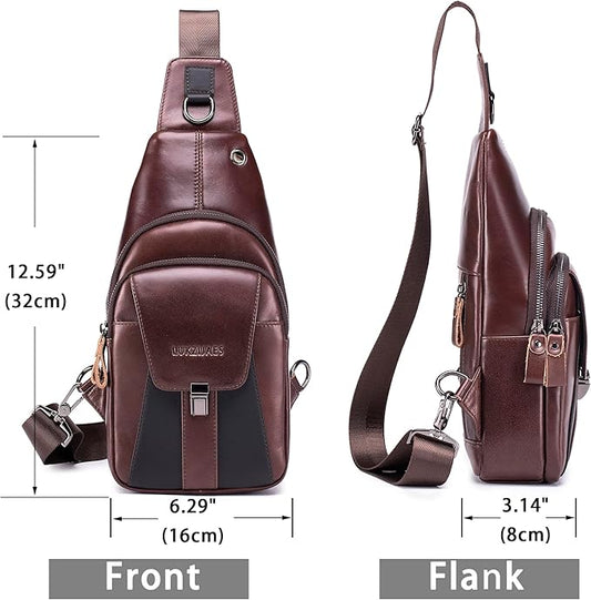 LUKZIJAES Genuine Leather Sling Bag for Men Vintage Crossbody Bag Men Chest Pack Mens Cross Shoulder Bags Hiking Daypacks Travel Backpack (#2-Coffee)