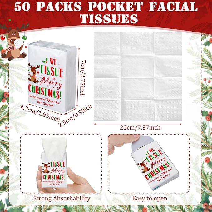 Ctosree 50 Pack Christmas Pocket Tissues Reindeer Travel Packs Bulk 500 Sheet Xmas Small Individual Tissues Pocket Packs 3 Ply Mini Travel Size for School Camping