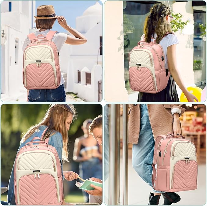 Backpack for Women, School Backpacks for Teen Girls, Stylish Cute Laptop Backpack, Teacher Student College Bookbags with USB Charging Port, Beige & Pink