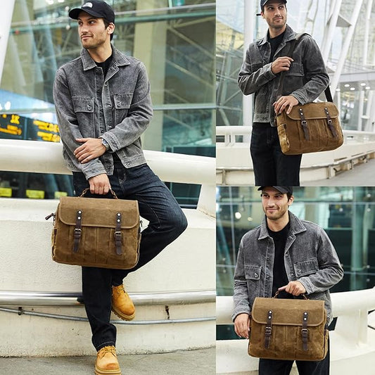 Messenger Bag for Men 15.6 Inch Vintage Canvas Genuine Leather Briefcase for Men Laptop Bag Satchel Shoulder Bag