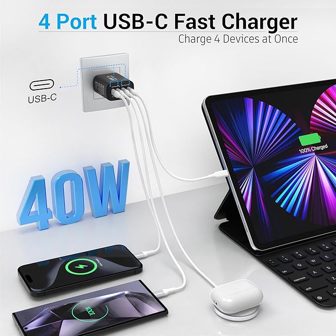 40W USB C Charging Block, 4 USB C Ports, Type C Wall Plug Fast Charger Cube, Power Adapter Box for iPhone 16, 15, 14, 13, 12, 11, Galaxy Phones, Watch, Tablet, Smartphones (Black 2Pack)