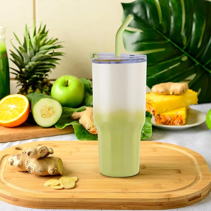 VEGOND 30 oz Insulated Stainless Steel Tumblers with lid and straw Bulk Pack Coffee Mug with Non-Slip Silicone Base, Sweat Proof Powder Coated Cup for Hot Cold Drinks, Green and Yellow 8Pack