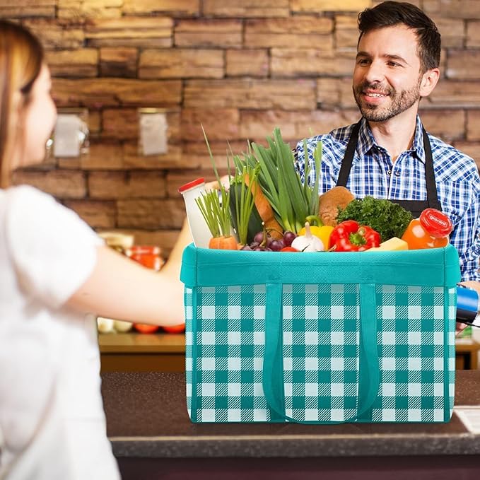 WISELIFE Reusable Grocery Shopping Bags 10 Pack Large Foldable Tote Bags Bulk, Eco Produce Bags with Long Handle for Shopping Groceries Clothes (Plaid B)