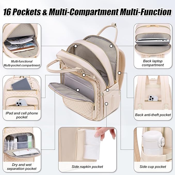 Laptop Backpack for Women,15.6 Inch Laptop Backpack for Work,Water Resistant Travel Backpack,College Bookbag with Wallet (Beige)