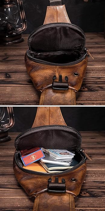 Le'aokuu Men Fashion Casual Tea Designer Travel Hiking Crossbody Chest Sling Bag Rig One Shoulder Strap Bag Men Leather 8015