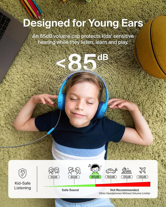 Belkin SoundForm Mini Kids Wired Headphones w/USB C to 3.5mm Dongle, Built-in Mic & Fun Stickers, 85dB Max Volume – for Online Learning, Travel, Compatible w/iPhone 16, iPad, Galaxy S25, etc - Blue