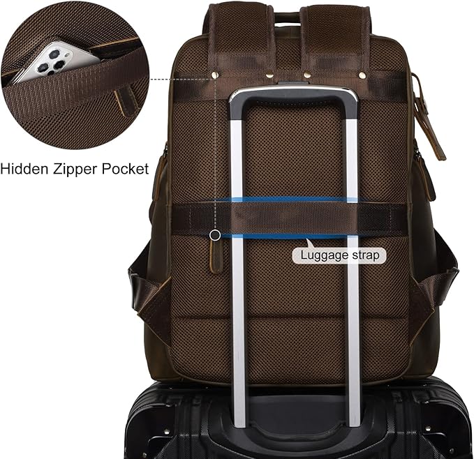 TIDING Men's Vintage Leather 15.6" Laptop Backpack Multi Pockets Travel Rucksack Business Overnight Daypack