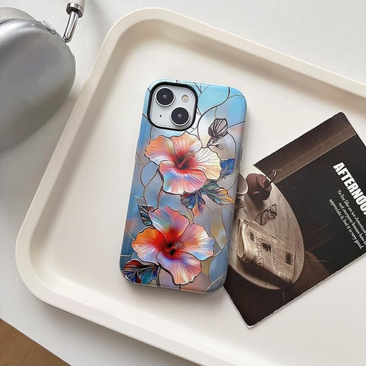 QLTYPRI Flower Case for iPhone 13/14, Aesthetic Cute Floral Phone Case for Girls Women, Protective Hybrid 2-Layer Hard Shell Silicone Cover Durable Shockproof Phone Cover - Vibrant Hibiscus