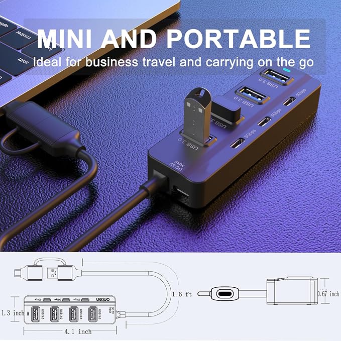 USB C Hub, 5Gbps 7 Ports USB 3.0, USB Hub with USB C Long Cable USB Splitter Multiport Adapter Compatible with Thunderbolt3/4,MacBook, iMac, Surface Pro
