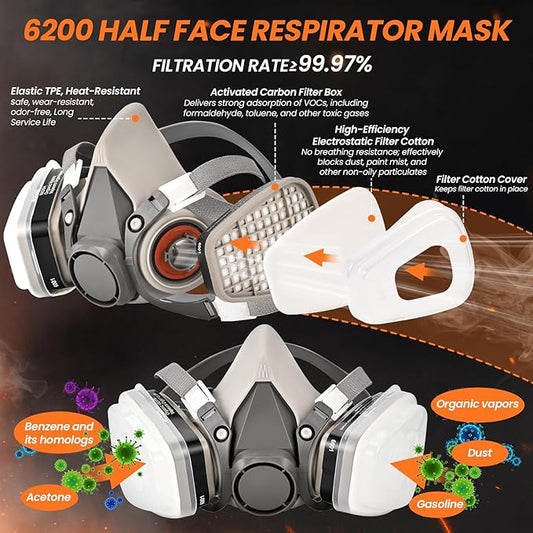Reusable Half Face Cover - 6200 Respirator Mask, Gas Mask for for Painting, Woodworking, Construction, Sanding, Spraying, Chemicals, DIY etc