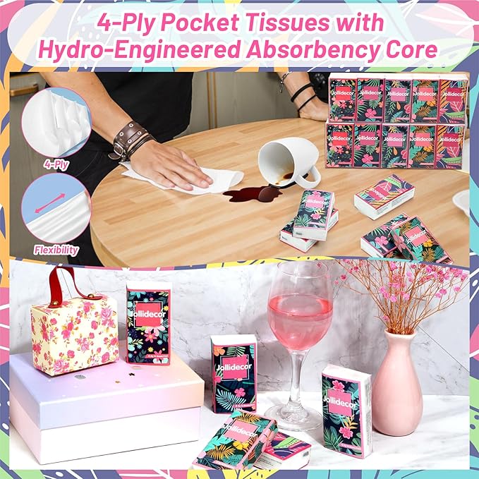Jollidecor 50 Packs Soft Portable Tissues 4 Ply Pocket Facial Tissues Bulk 500 Sheets Travel Size Tissues Individual Strong and Absorbent Flower Style Tissue for Home Bag Pocket Car Wedding Gifts